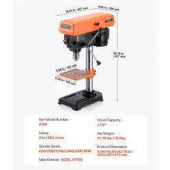 VEVOR 8 in Benchtop Drill Press, 2.5A Induction Motor, Tabletop Drilling Machine with 620 / 1140 / 1740 / 2340 / 3100 RPM Adjustable Speed, 0-45° Tilting Worktable, LED Work Light, for Wood Metal