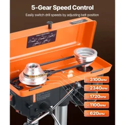 VEVOR 8 in Benchtop Drill Press, 2.5A Induction Motor, Tabletop Drilling Machine with 620 / 1140 / 1740 / 2340 / 3100 RPM Adjustable Speed, 0-45° Tilting Worktable, LED Work Light, for Wood Metal