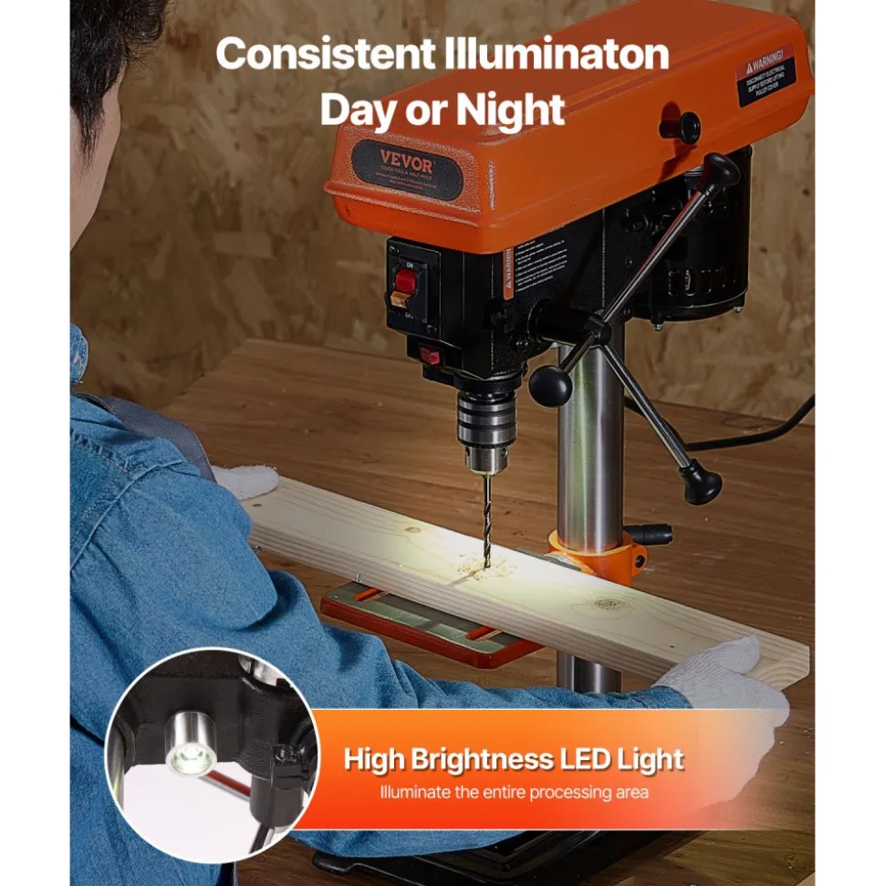 VEVOR 8 in Benchtop Drill Press, 2.5A Induction Motor, Tabletop Drilling Machine with 620 / 1140 / 1740 / 2340 / 3100 RPM Adjustable Speed, 0-45° Tilting Worktable, LED Work Light, for Wood Metal