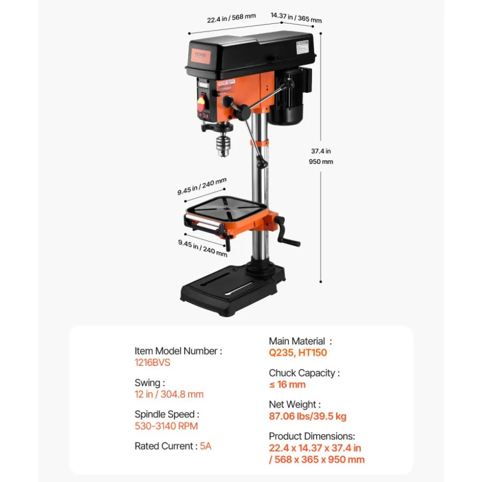 VEVOR 12 in Benchtop Drill Press, 5 Amp 120V, Variable Speed Cast Iron Bench Drill Press, 12 in Swing Distance 0-45° Tiltling Worktable with Laser Work Light, Tabletop Drilling Machine for Wood Metal