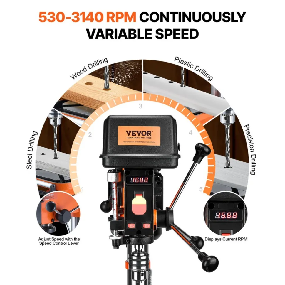 VEVOR 12 in Benchtop Drill Press, 5 Amp 120V, Variable Speed Cast Iron Bench Drill Press, 12 in Swing Distance 0-45° Tiltling Worktable with Laser Work Light, Tabletop Drilling Machine for Wood Metal