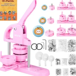 VEVOR 3-IN-1 Button Maker, 1/1.25/2.28 inch(25/32/58mm) Pin Maker, 300pcs Button Parts,Button Maker Machine with Panda Magic Book,  Ergonomic Arc Handle Punch Press Kit, For Children DIY Gifts, Pink