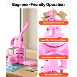VEVOR 3-IN-1 Button Maker, 1/1.25/2.28 inch(25/32/58mm) Pin Maker, 300pcs Button Parts,Button Maker Machine with Panda Magic Book,  Ergonomic Arc Handle Punch Press Kit, For Children DIY Gifts, Pink