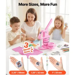 VEVOR 3-IN-1 Button Maker, 1/1.25/2.28 inch(25/32/58mm) Pin Maker, 300pcs Button Parts,Button Maker Machine with Panda Magic Book,  Ergonomic Arc Handle Punch Press Kit, For Children DIY Gifts, Pink