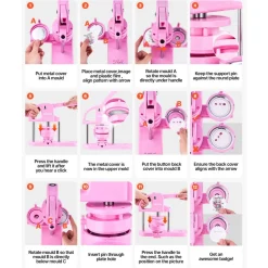 VEVOR 3-IN-1 Button Maker, 1/1.25/2.28 inch(25/32/58mm) Pin Maker, 300pcs Button Parts,Button Maker Machine with Panda Magic Book,  Ergonomic Arc Handle Punch Press Kit, For Children DIY Gifts, Pink