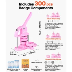 VEVOR 3-IN-1 Button Maker, 1/1.25/2.28 inch(25/32/58mm) Pin Maker, 300pcs Button Parts,Button Maker Machine with Panda Magic Book,  Ergonomic Arc Handle Punch Press Kit, For Children DIY Gifts, Pink