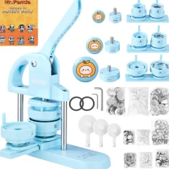 VEVOR 3-IN-1 Button Maker, 1/1.25/2.28 inch(25/32/58mm) Pin Maker, 300pcs Button Parts, Button Maker Machine with Panda Magic Book, Ergonomic Arc Handle Punch Press Kit, For Children DIY Gifts, Blue
