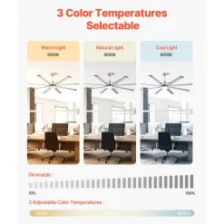 VEVOR 72 In Ceiling Fan with Light, 6-Speed Remote Control, Dimmable 3-Color Temperature, Reversible DC Motor, Low Profile Flush Mount Fan for Bedroom, Living Room, Indoor/Outdoor Use, Brushed Nickel
