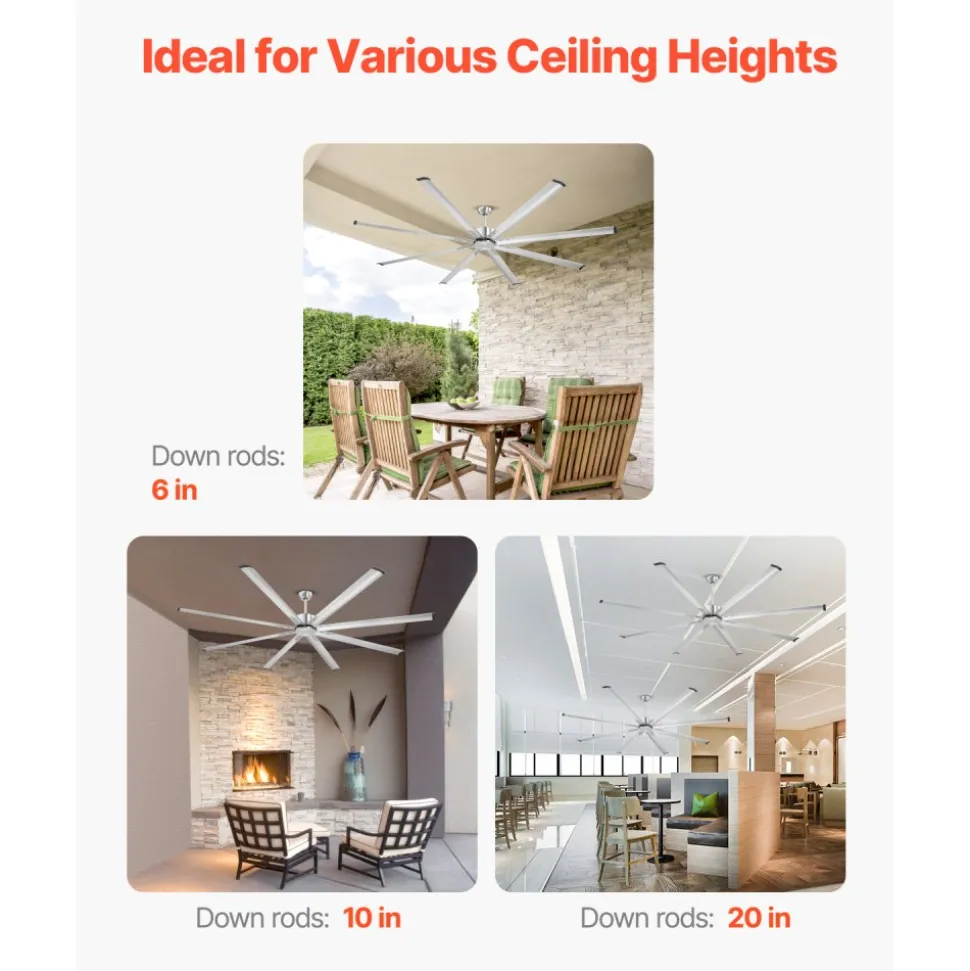 VEVOR 96 In Ceiling Fan without Light, 6-Speed Remote Control, Aluminum 8-Blade, Reversible DC Motor, Modern Low Profile Flush Mount Fan for Bedroom, Living Room, Patio, Indoor/Outdoor, Brushed Nickel