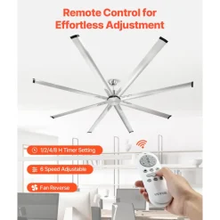 VEVOR 96 In Ceiling Fan without Light, 6-Speed Remote Control, Aluminum 8-Blade, Reversible DC Motor, Modern Low Profile Flush Mount Fan for Bedroom, Living Room, Patio, Indoor/Outdoor, Brushed Nickel
