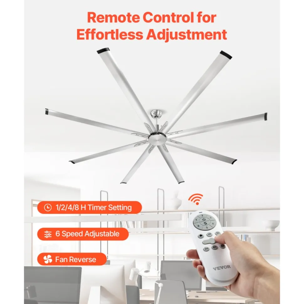 VEVOR 96 In Ceiling Fan without Light, 6-Speed Remote Control, Aluminum 8-Blade, Reversible DC Motor, Modern Low Profile Flush Mount Fan for Bedroom, Living Room, Patio, Indoor/Outdoor, Brushed Nickel
