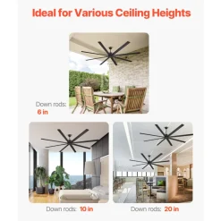 VEVOR 96 In Ceiling Fan without Light, 6-Speed Remote Control, Aluminum 8-Blade, Reversible DC Motor, Modern Low Profile Flush Mount Exterior Fan for Bedroom, Living Room, Patio, Indoor/Outdoor, Black