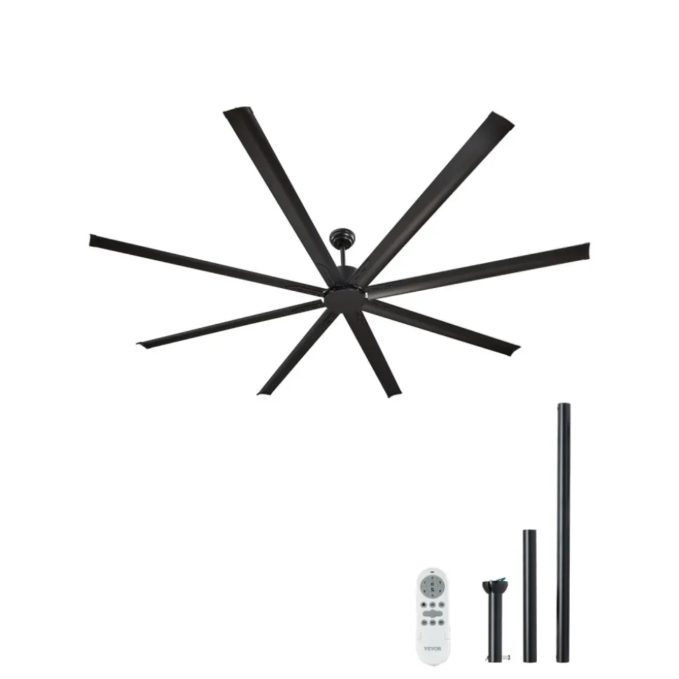 VEVOR 96 In Ceiling Fan without Light, 6-Speed Remote Control, Aluminum 8-Blade, Reversible DC Motor, Modern Low Profile Flush Mount Exterior Fan for Bedroom, Living Room, Patio, Indoor/Outdoor, Black