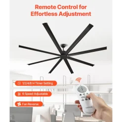 VEVOR 96 In Ceiling Fan without Light, 6-Speed Remote Control, Aluminum 8-Blade, Reversible DC Motor, Modern Low Profile Flush Mount Exterior Fan for Bedroom, Living Room, Patio, Indoor/Outdoor, Black