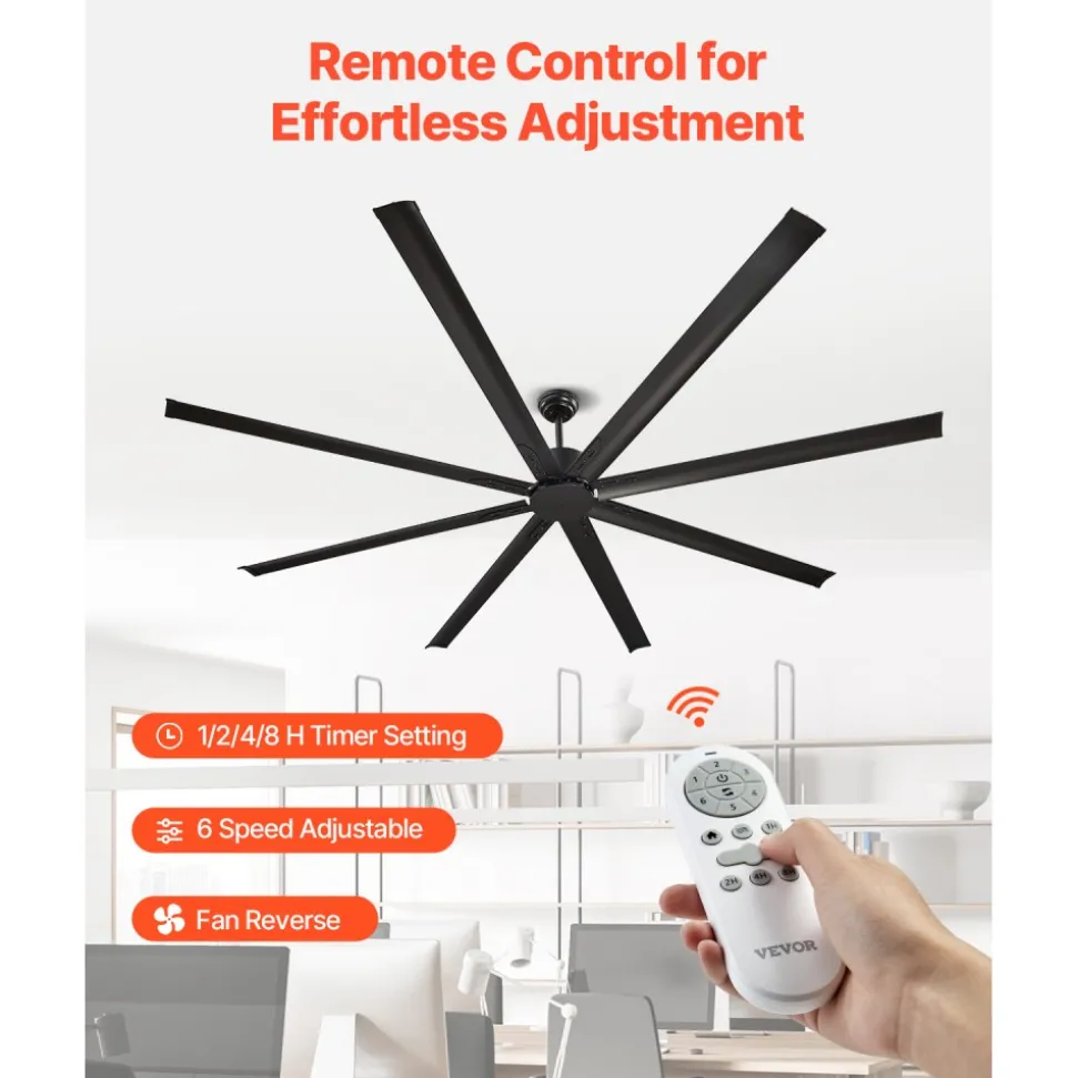 VEVOR 96 In Ceiling Fan without Light, 6-Speed Remote Control, Aluminum 8-Blade, Reversible DC Motor, Modern Low Profile Flush Mount Exterior Fan for Bedroom, Living Room, Patio, Indoor/Outdoor, Black