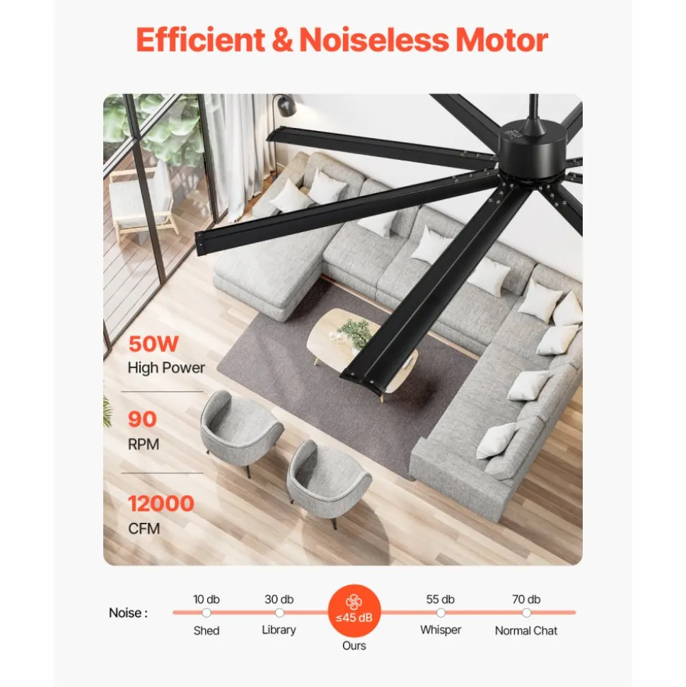 VEVOR 84 In Ceiling Fan without Light, 6-Speed Remote Control, Aluminum 8-Blade, Reversible DC Motor, Modern Low Profile Flush Mount Exterior Fan for Bedroom, Living Room, Patio, Indoor Use, Black