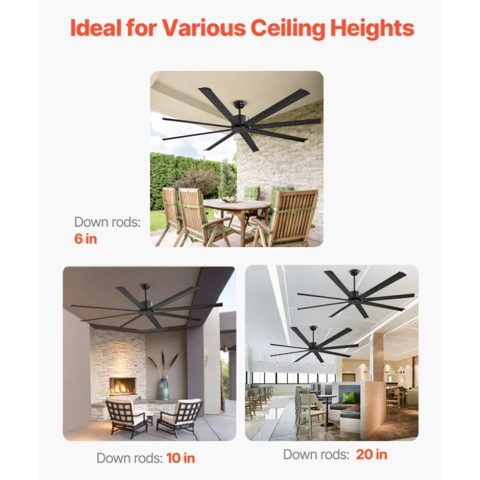 VEVOR 84 In Ceiling Fan without Light, 6-Speed Remote Control, Aluminum 8-Blade, Reversible DC Motor, Modern Low Profile Flush Mount Exterior Fan for Bedroom, Living Room, Patio, Indoor Use, Black