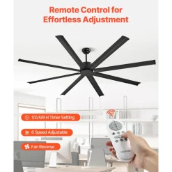 VEVOR 84 In Ceiling Fan without Light, 6-Speed Remote Control, Aluminum 8-Blade, Reversible DC Motor, Modern Low Profile Flush Mount Exterior Fan for Bedroom, Living Room, Patio, Indoor Use, Black