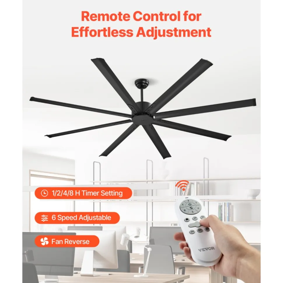 VEVOR 84 In Ceiling Fan without Light, 6-Speed Remote Control, Aluminum 8-Blade, Reversible DC Motor, Modern Low Profile Flush Mount Exterior Fan for Bedroom, Living Room, Patio, Indoor Use, Black