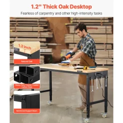 VEVOR 60-Inch Adjustable Workbench, 2000 lbs Load, Work Bench with Power Outlet, Wheels, and Pegboard, Heavy Duty Oak Wood Top Work Table for Garage, Workshop, Office, and Home
