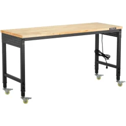 VEVOR 60-Inch Adjustable Workbench, 2000 lbs Load, Work Bench with Power Outlet, Wheels, and Pegboard, Heavy Duty Oak Wood Top Work Table for Garage, Workshop, Office, and Home