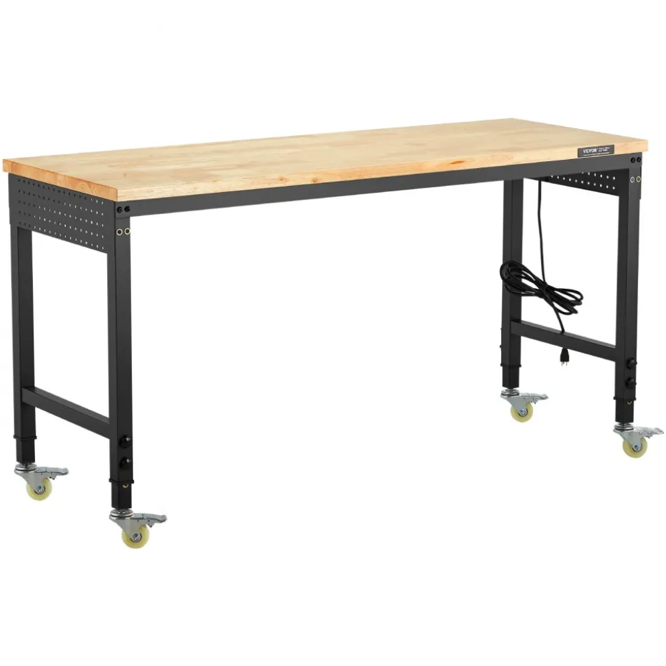 VEVOR 60-Inch Adjustable Workbench, 2000 lbs Load, Work Bench with Power Outlet, Wheels, and Pegboard, Heavy Duty Oak Wood Top Work Table for Garage, Workshop, Office, and Home