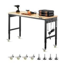 VEVOR 60-Inch Adjustable Workbench, 2000 lbs Load, Work Bench with Power Outlet, Wheels, and Pegboard, Heavy Duty Oak Wood Top Work Table for Garage, Workshop, Office, and Home