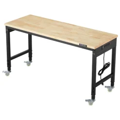 VEVOR 60-Inch Adjustable Workbench, 2000 lbs Load, Work Bench with Power Outlet, Wheels, and Pegboard, Heavy Duty Oak Wood Top Work Table for Garage, Workshop, Office, and Home