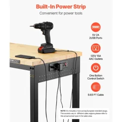 VEVOR 60-Inch Adjustable Workbench, 2000 lbs Load, Work Bench with Power Outlet, Wheels, and Pegboard, Heavy Duty Oak Wood Top Work Table for Garage, Workshop, Office, and Home