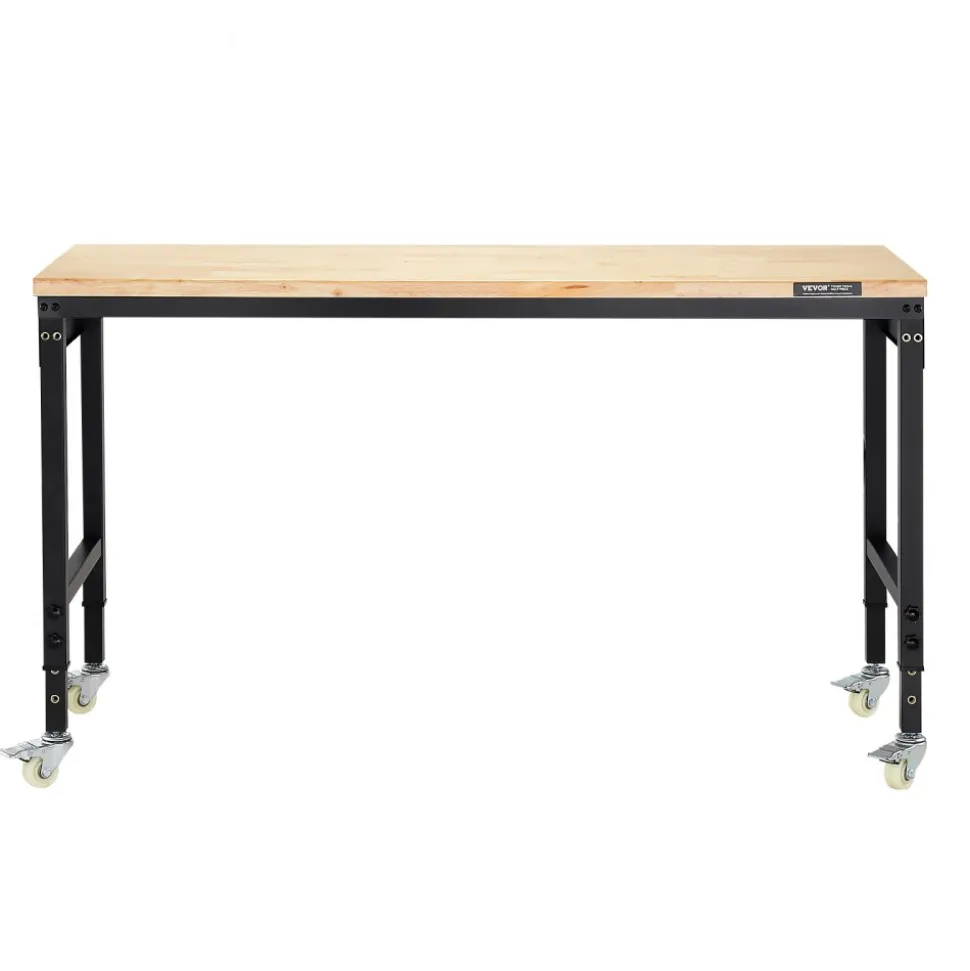 VEVOR 60-Inch Adjustable Workbench, 2000 lbs Load, Work Bench with Power Outlet, Wheels, and Pegboard, Heavy Duty Oak Wood Top Work Table for Garage, Workshop, Office, and Home