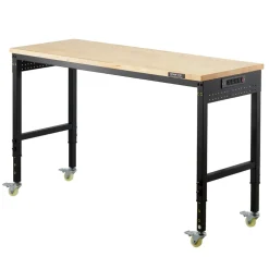 VEVOR 60-Inch Adjustable Workbench, 2000 lbs Load, Work Bench with Power Outlet, Wheels, and Pegboard, Heavy Duty Oak Wood Top Work Table for Garage, Workshop, Office, and Home