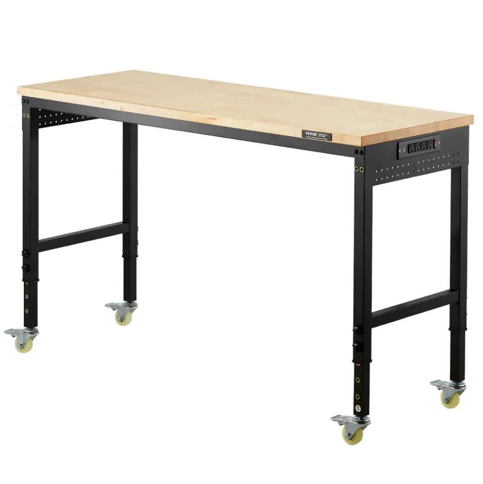 VEVOR 60-Inch Adjustable Workbench, 2000 lbs Load, Work Bench with Power Outlet, Wheels, and Pegboard, Heavy Duty Oak Wood Top Work Table for Garage, Workshop, Office, and Home