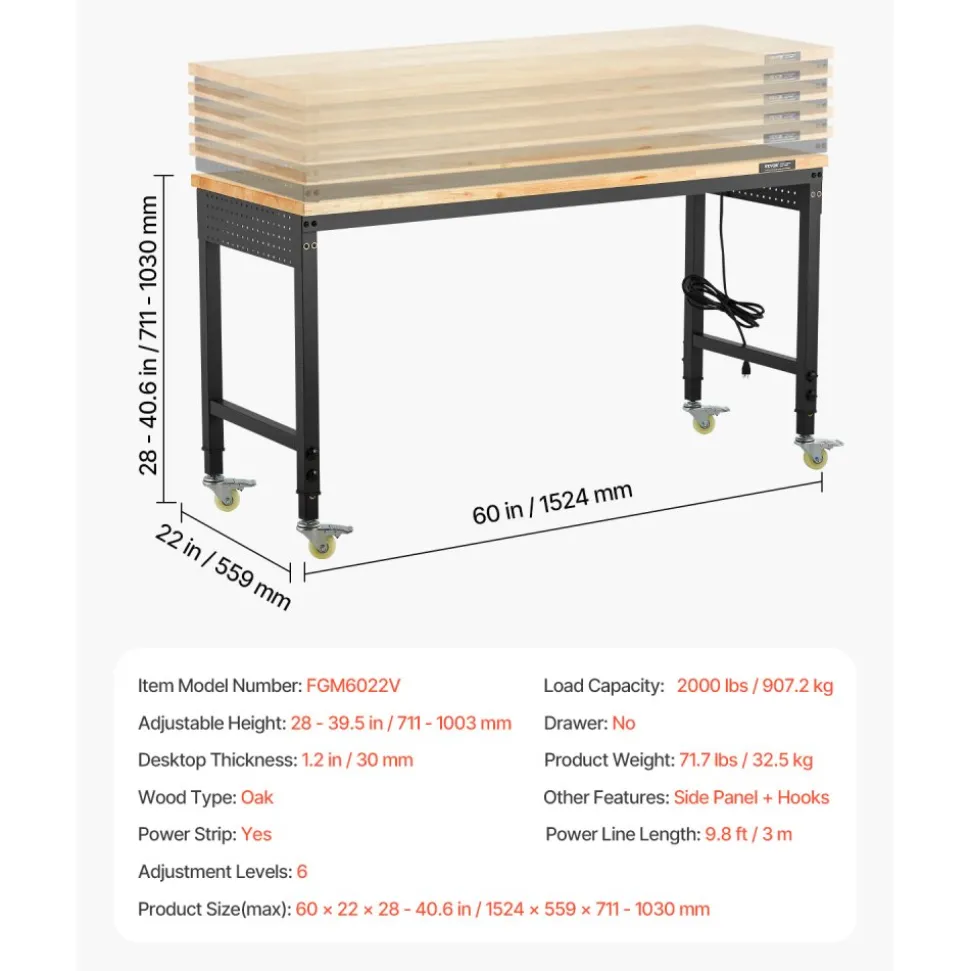 VEVOR 60-Inch Adjustable Workbench, 2000 lbs Load, Work Bench with Power Outlet, Wheels, and Pegboard, Heavy Duty Oak Wood Top Work Table for Garage, Workshop, Office, and Home