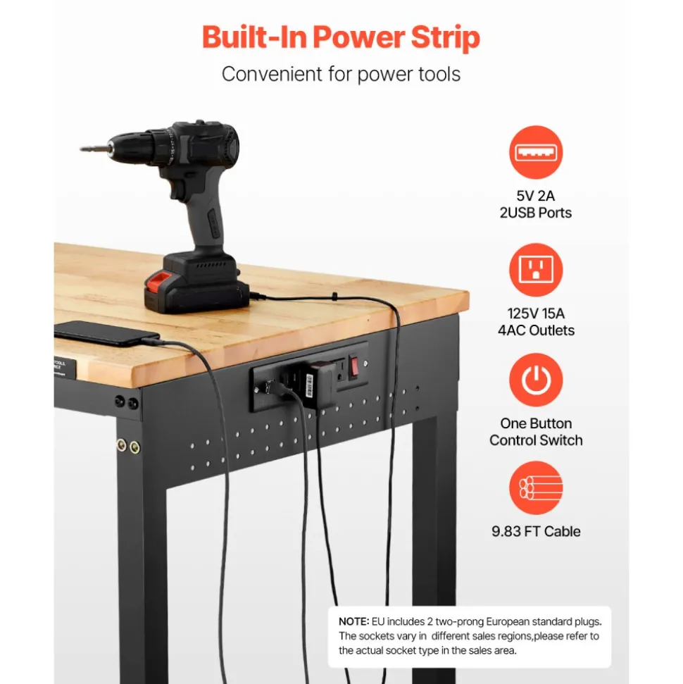VEVOR 48-Inch Adjustable Workbench, 2000 lbs Load, Work Bench with Power Outlet, Wheels, and Pegboard, Heavy Duty Oak Wood Top Work Table for Garage, Workshop, Office, and Home