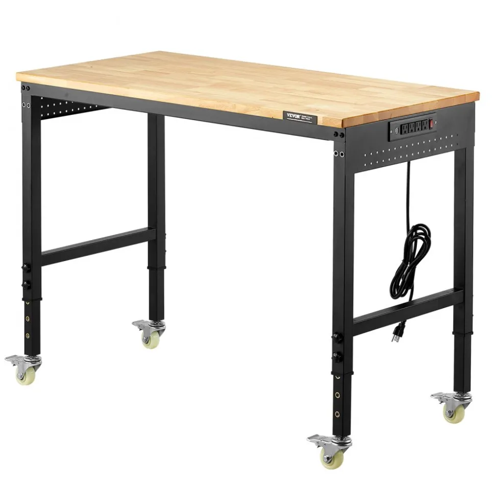 VEVOR 48-Inch Adjustable Workbench, 2000 lbs Load, Work Bench with Power Outlet, Wheels, and Pegboard, Heavy Duty Oak Wood Top Work Table for Garage, Workshop, Office, and Home