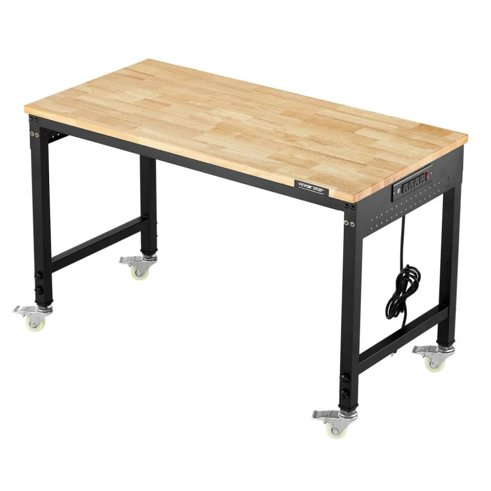 VEVOR 48-Inch Adjustable Workbench, 2000 lbs Load, Work Bench with Power Outlet, Wheels, and Pegboard, Heavy Duty Oak Wood Top Work Table for Garage, Workshop, Office, and Home