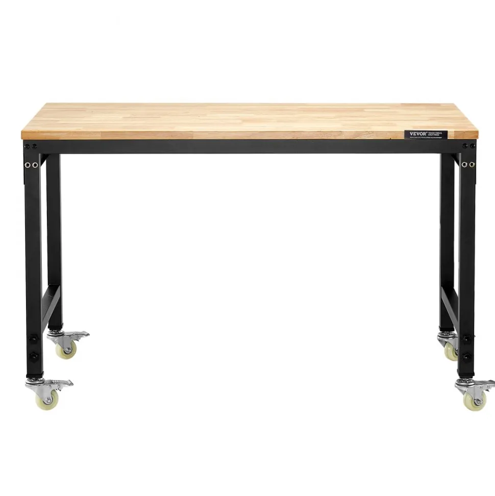 VEVOR 48-Inch Adjustable Workbench, 2000 lbs Load, Work Bench with Power Outlet, Wheels, and Pegboard, Heavy Duty Oak Wood Top Work Table for Garage, Workshop, Office, and Home
