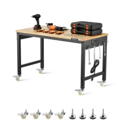 VEVOR 48-Inch Adjustable Workbench, 2000 lbs Load, Work Bench with Power Outlet, Wheels, and Pegboard, Heavy Duty Oak Wood Top Work Table for Garage, Workshop, Office, and Home