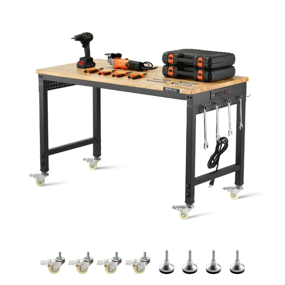 VEVOR 48-Inch Adjustable Workbench, 2000 lbs Load, Work Bench with Power Outlet, Wheels, and Pegboard, Heavy Duty Oak Wood Top Work Table for Garage, Workshop, Office, and Home
