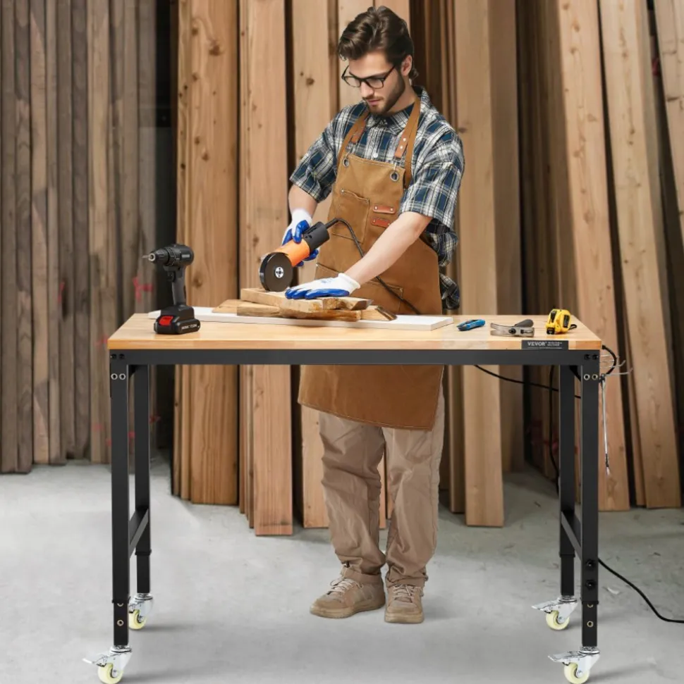 VEVOR 48-Inch Adjustable Workbench, 2000 lbs Load, Work Bench with Power Outlet, Wheels, and Pegboard, Heavy Duty Oak Wood Top Work Table for Garage, Workshop, Office, and Home