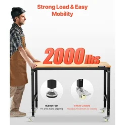 VEVOR 48-Inch Adjustable Workbench, 2000 lbs Load, Work Bench with Power Outlet, Wheels, and Pegboard, Heavy Duty Oak Wood Top Work Table for Garage, Workshop, Office, and Home