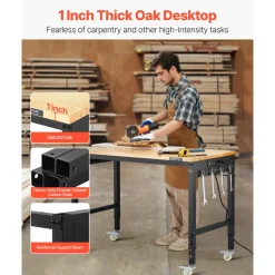 VEVOR 48-Inch Adjustable Workbench, 2000 lbs Load, Work Bench with Power Outlet, Wheels, and Pegboard, Heavy Duty Oak Wood Top Work Table for Garage, Workshop, Office, and Home