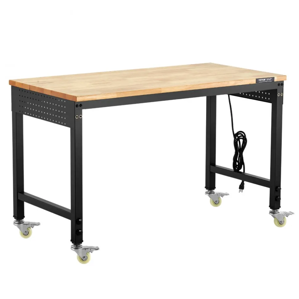 VEVOR 48-Inch Adjustable Workbench, 2000 lbs Load, Work Bench with Power Outlet, Wheels, and Pegboard, Heavy Duty Oak Wood Top Work Table for Garage, Workshop, Office, and Home