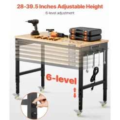 VEVOR 48-Inch Adjustable Workbench, 2000 lbs Load, Work Bench with Power Outlet, Wheels, and Pegboard, Heavy Duty Oak Wood Top Work Table for Garage, Workshop, Office, and Home
