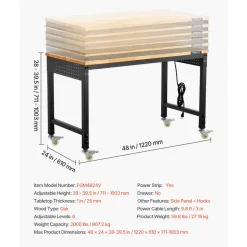 VEVOR 48-Inch Adjustable Workbench, 2000 lbs Load, Work Bench with Power Outlet, Wheels, and Pegboard, Heavy Duty Oak Wood Top Work Table for Garage, Workshop, Office, and Home
