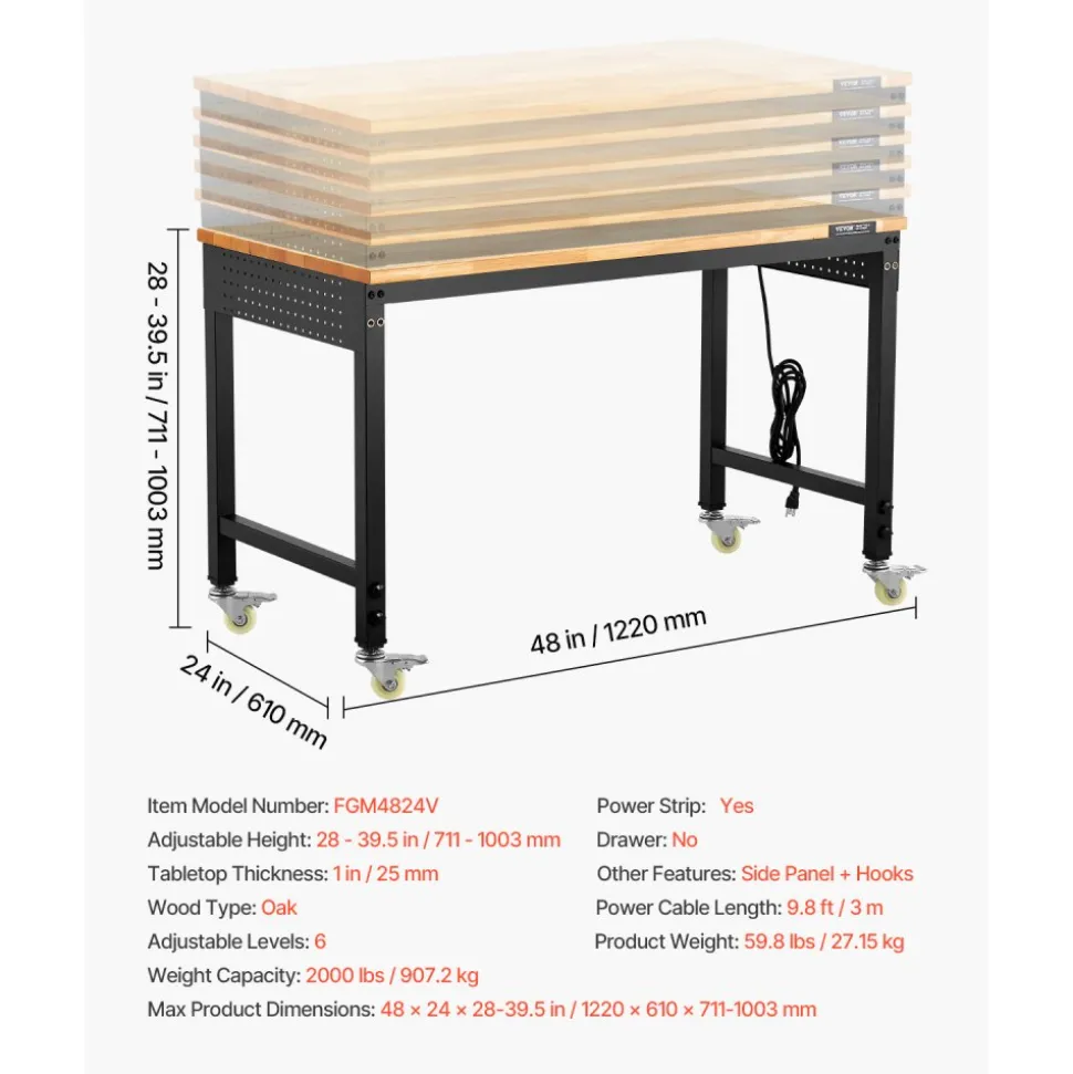 VEVOR 48-Inch Adjustable Workbench, 2000 lbs Load, Work Bench with Power Outlet, Wheels, and Pegboard, Heavy Duty Oak Wood Top Work Table for Garage, Workshop, Office, and Home
