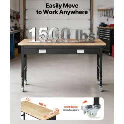 VEVOR 60-inch Adjustable Workbench, 1500 lbs Load Capacity, Garage Workbench with Drawer, Power Outlet, Wheels, and Pegboard, Heavy Duty Oak Wood Top Work Table for Garage, Workshop, Office, and Home