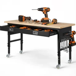 VEVOR 60-inch Adjustable Workbench, 1500 lbs Load Capacity, Garage Workbench with Drawer, Power Outlet, Wheels, and Pegboard, Heavy Duty Oak Wood Top Work Table for Garage, Workshop, Office, and Home