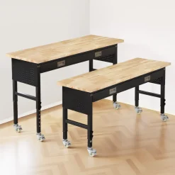 VEVOR 60-inch Adjustable Workbench, 1500 lbs Load Capacity, Garage Workbench with Drawer, Power Outlet, Wheels, and Pegboard, Heavy Duty Oak Wood Top Work Table for Garage, Workshop, Office, and Home