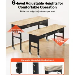 VEVOR 60-inch Adjustable Workbench, 1500 lbs Load Capacity, Garage Workbench with Drawer, Power Outlet, Wheels, and Pegboard, Heavy Duty Oak Wood Top Work Table for Garage, Workshop, Office, and Home